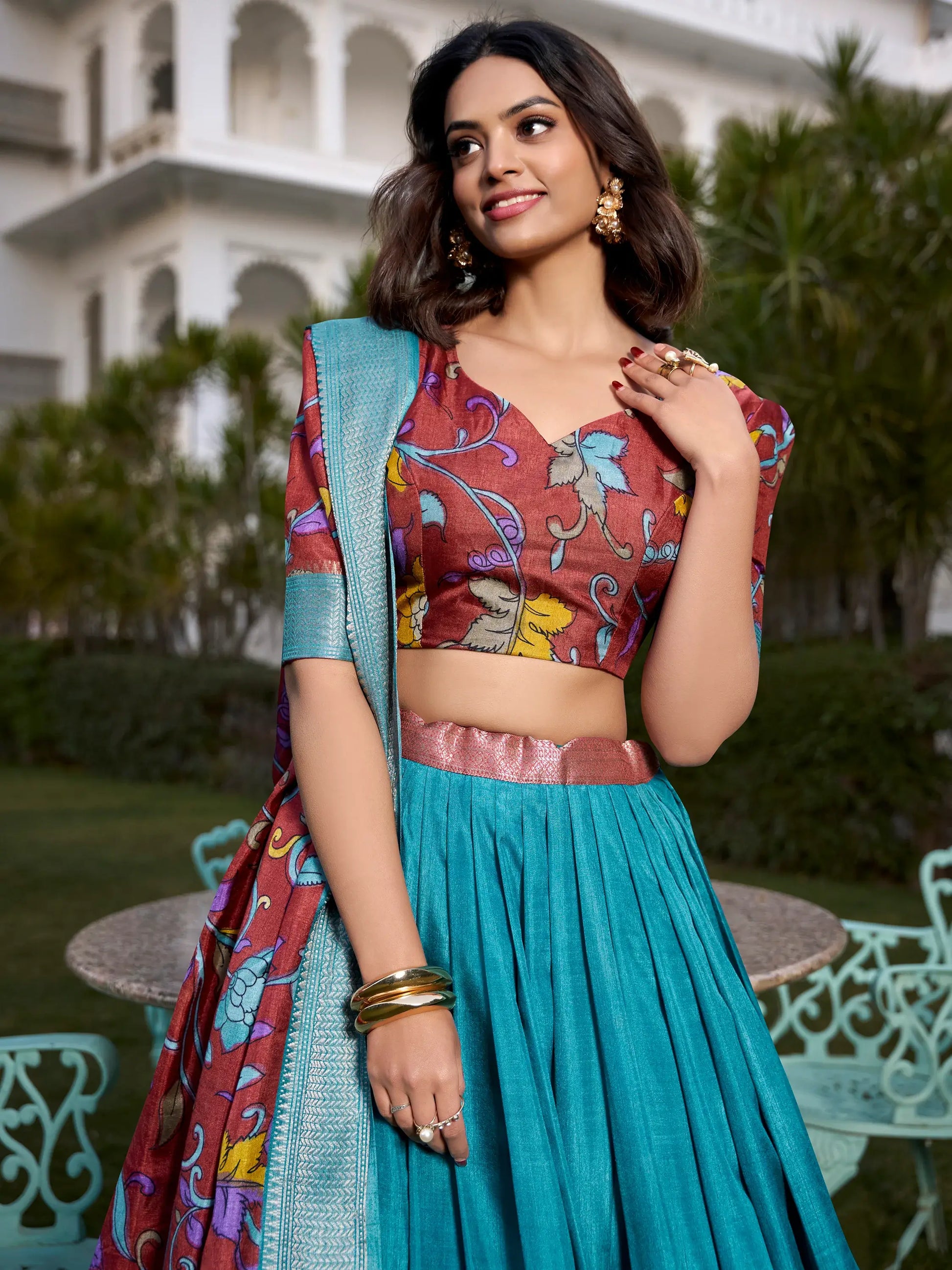 Beautiful Firozi Blue Kalamkari Printed Dola Silk Traditional Lehenga Choli - Zeel Clothing