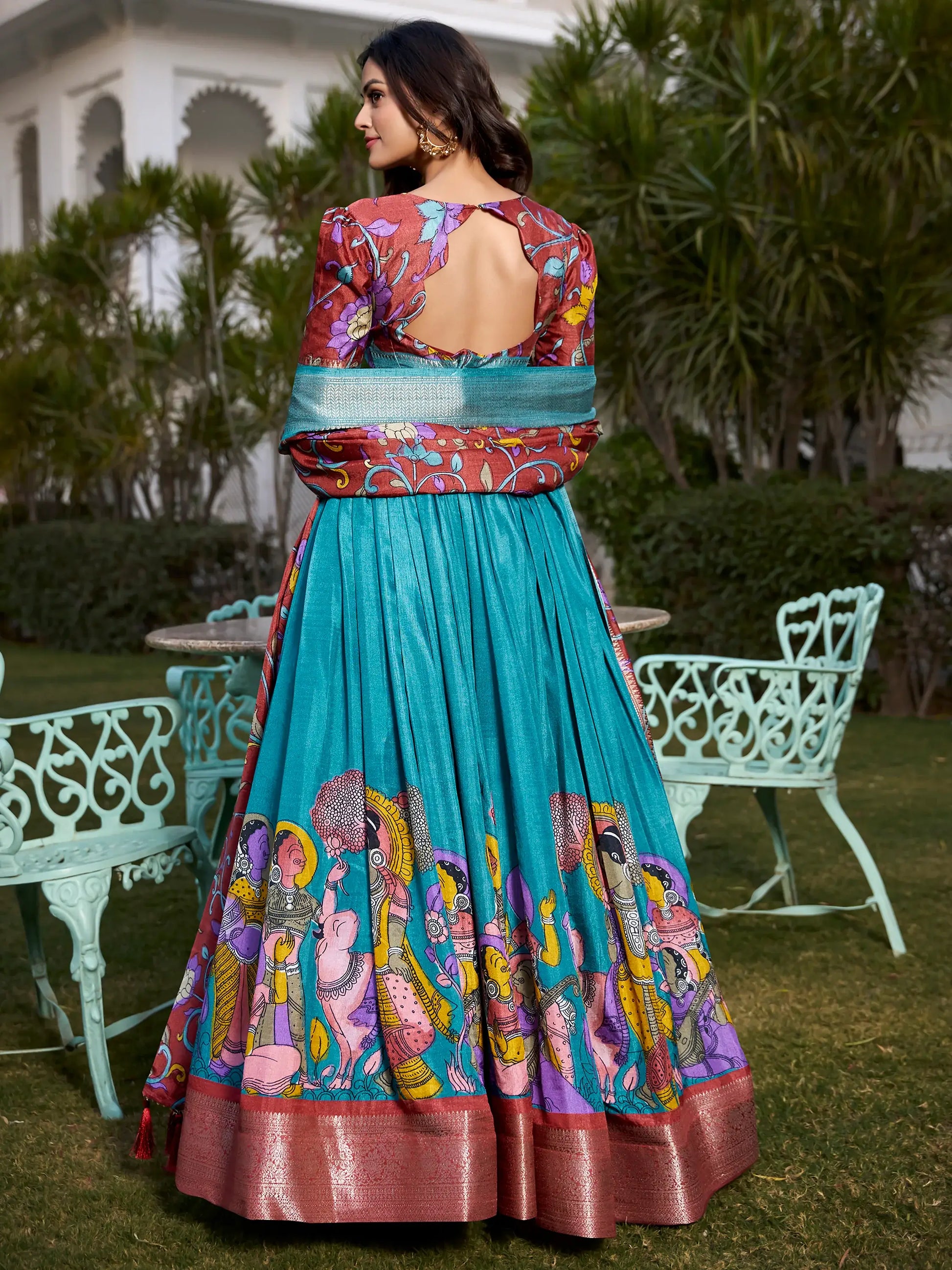 Beautiful Firozi Blue Kalamkari Printed Dola Silk Traditional Lehenga Choli - Zeel Clothing