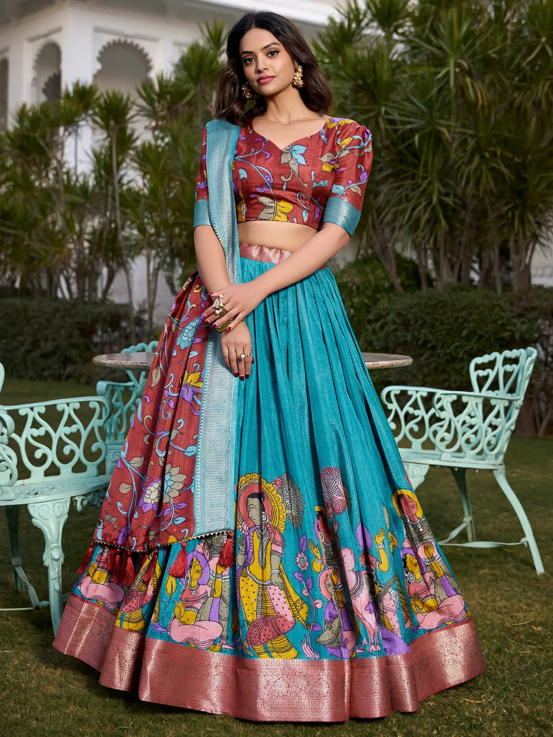 Beautiful Firozi Blue Kalamkari Printed Dola Silk Traditional Lehenga Choli - Zeel Clothing