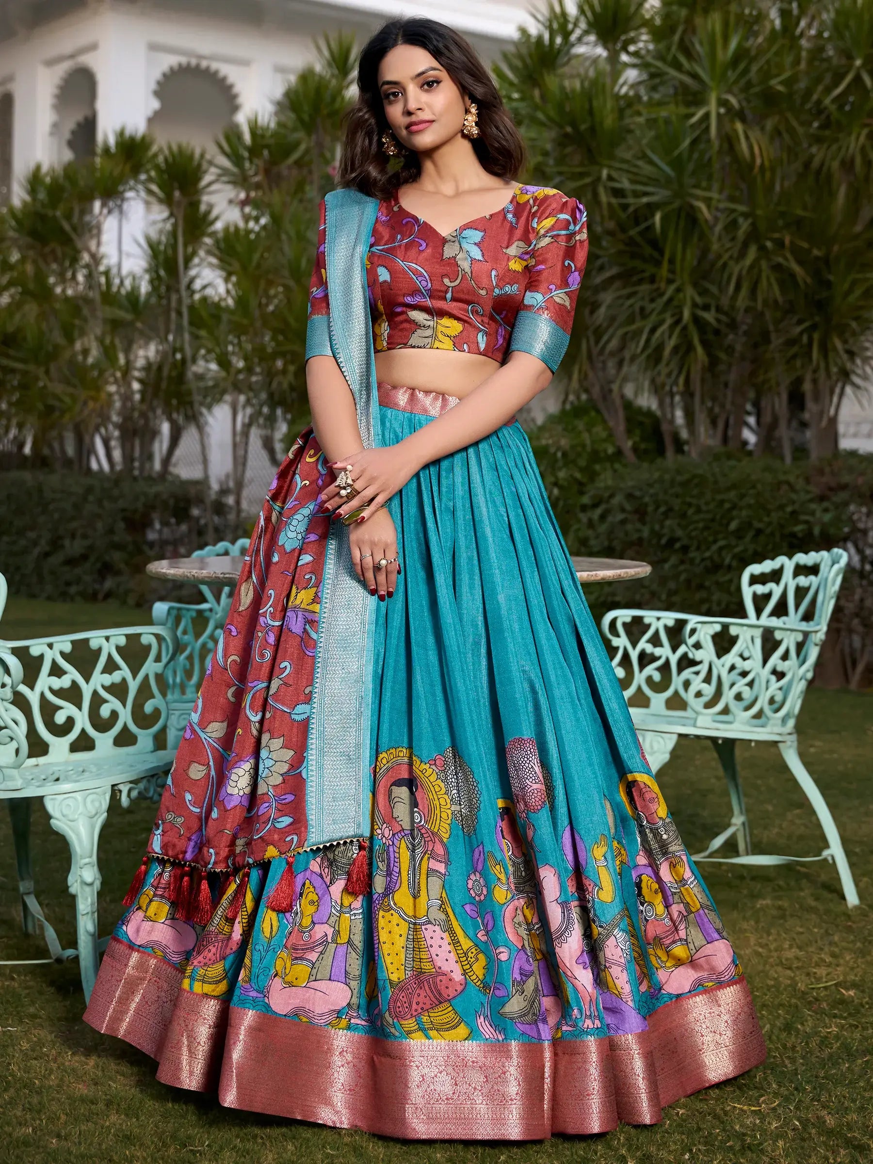 Beautiful Firozi Blue Kalamkari Printed Dola Silk Traditional Lehenga Choli - Zeel Clothing