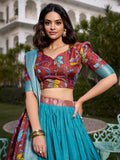 Beautiful Firozi Blue Kalamkari Printed Dola Silk Traditional Lehenga Choli - Zeel Clothing
