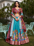 Beautiful Firozi Blue Kalamkari Printed Dola Silk Traditional Lehenga Choli - Zeel Clothing