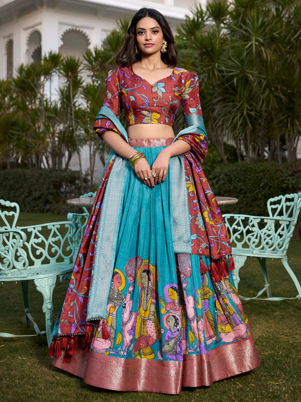 Beautiful Firozi Blue Kalamkari Printed Dola Silk Traditional Lehenga Choli - Zeel Clothing