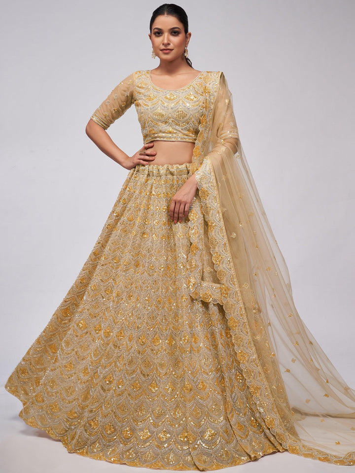 Beautiful Golden Heavy Sequins Net Lehenga Choli With Dupatta