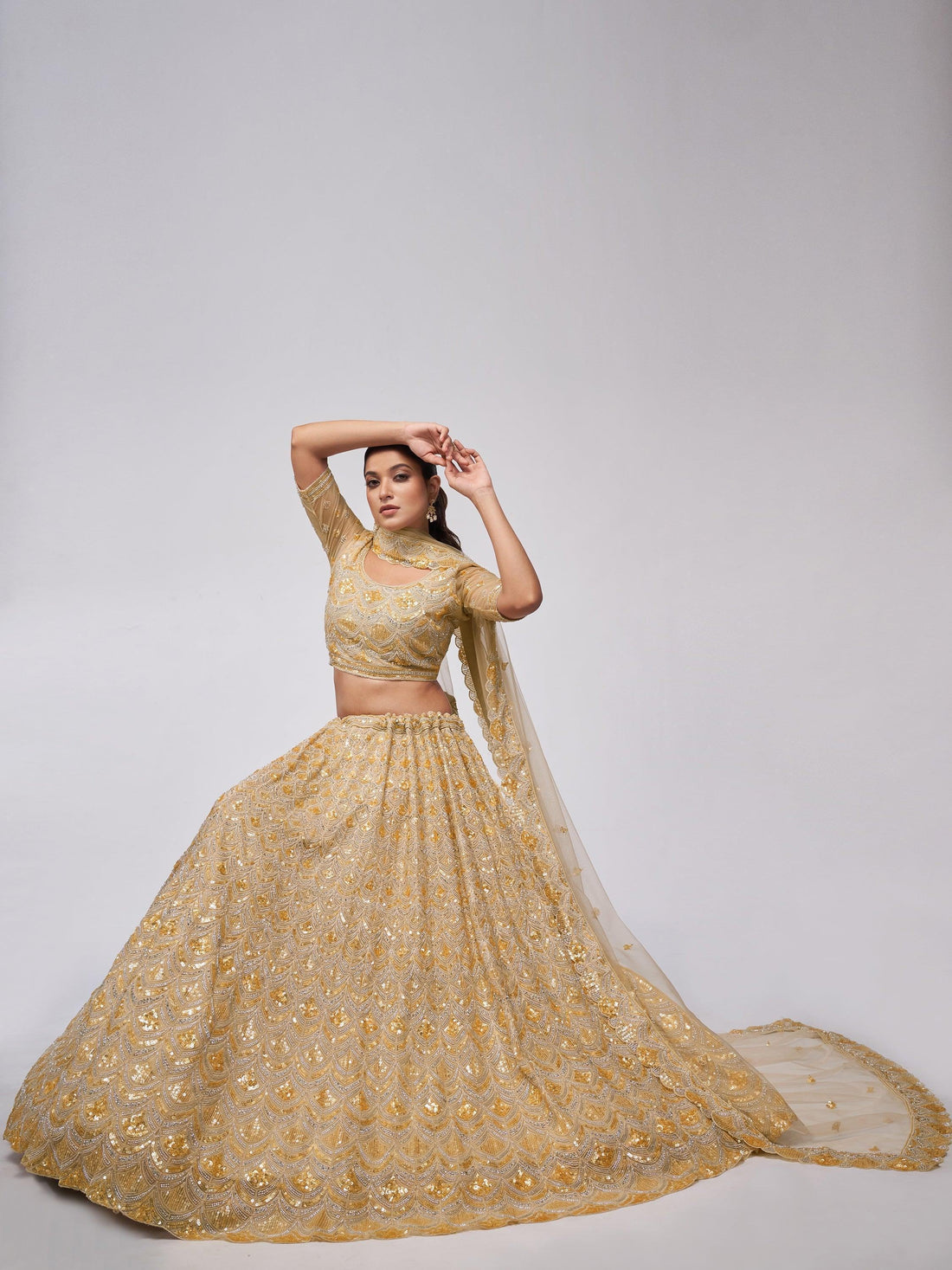 Beautiful Golden Heavy Sequins Net Lehenga Choli With Dupatta