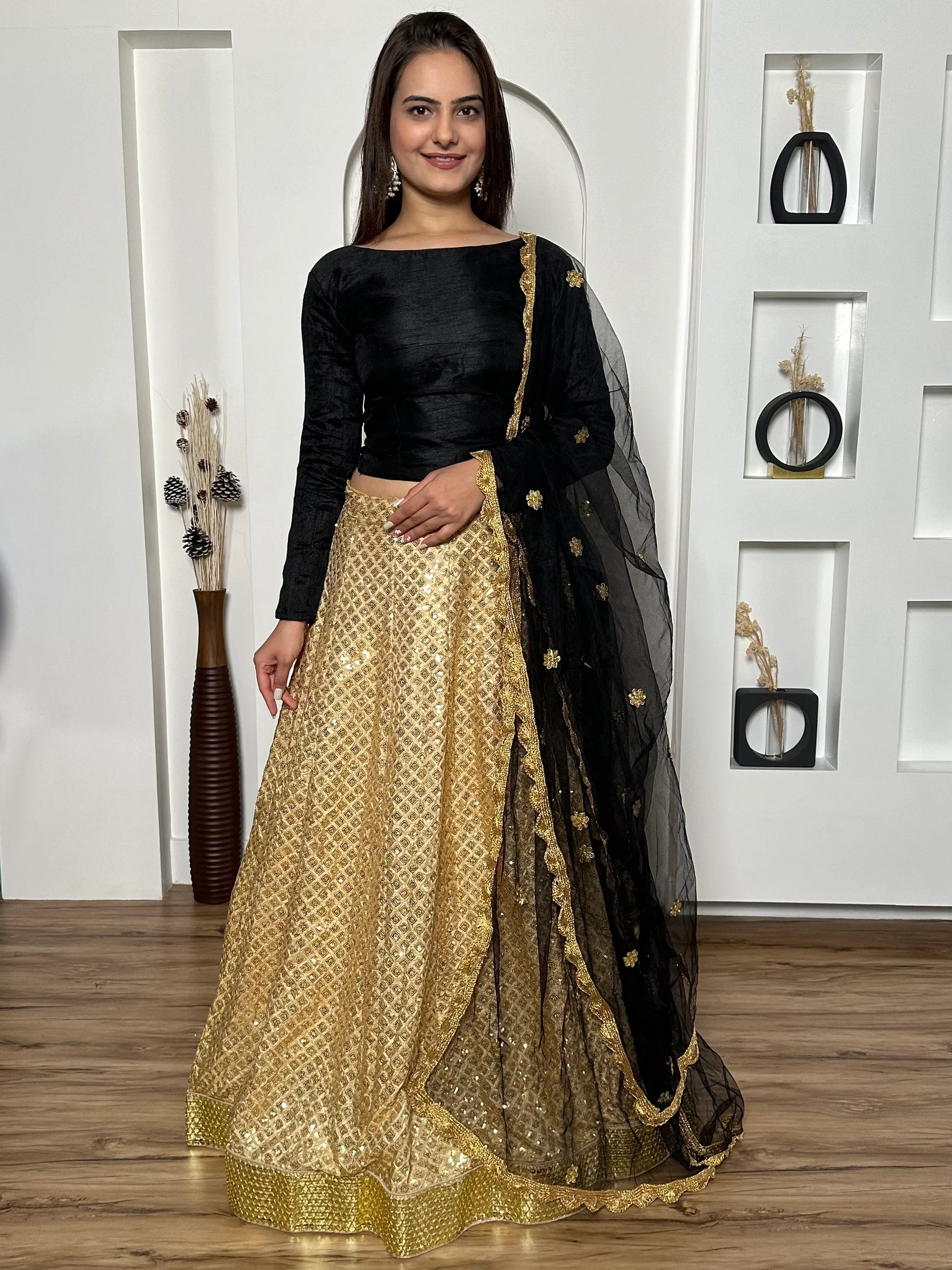 Beautiful Golden Sequins Silk Sangeet Wear Lehenga Choli With Dupatta - Zeel Clothing