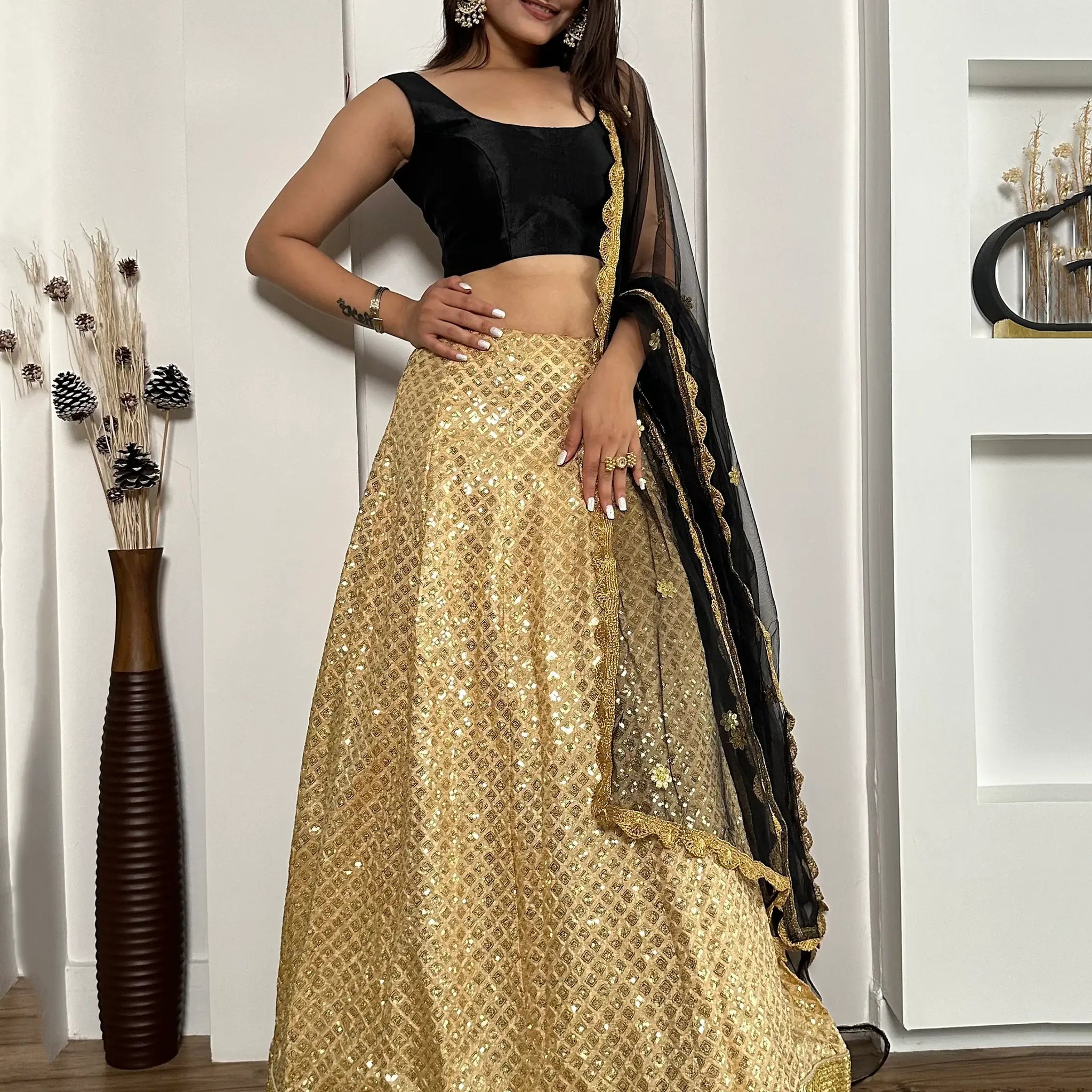 Beautiful Golden Sequins Silk Sangeet Wear Lehenga Choli With Dupatta - Zeel Clothing