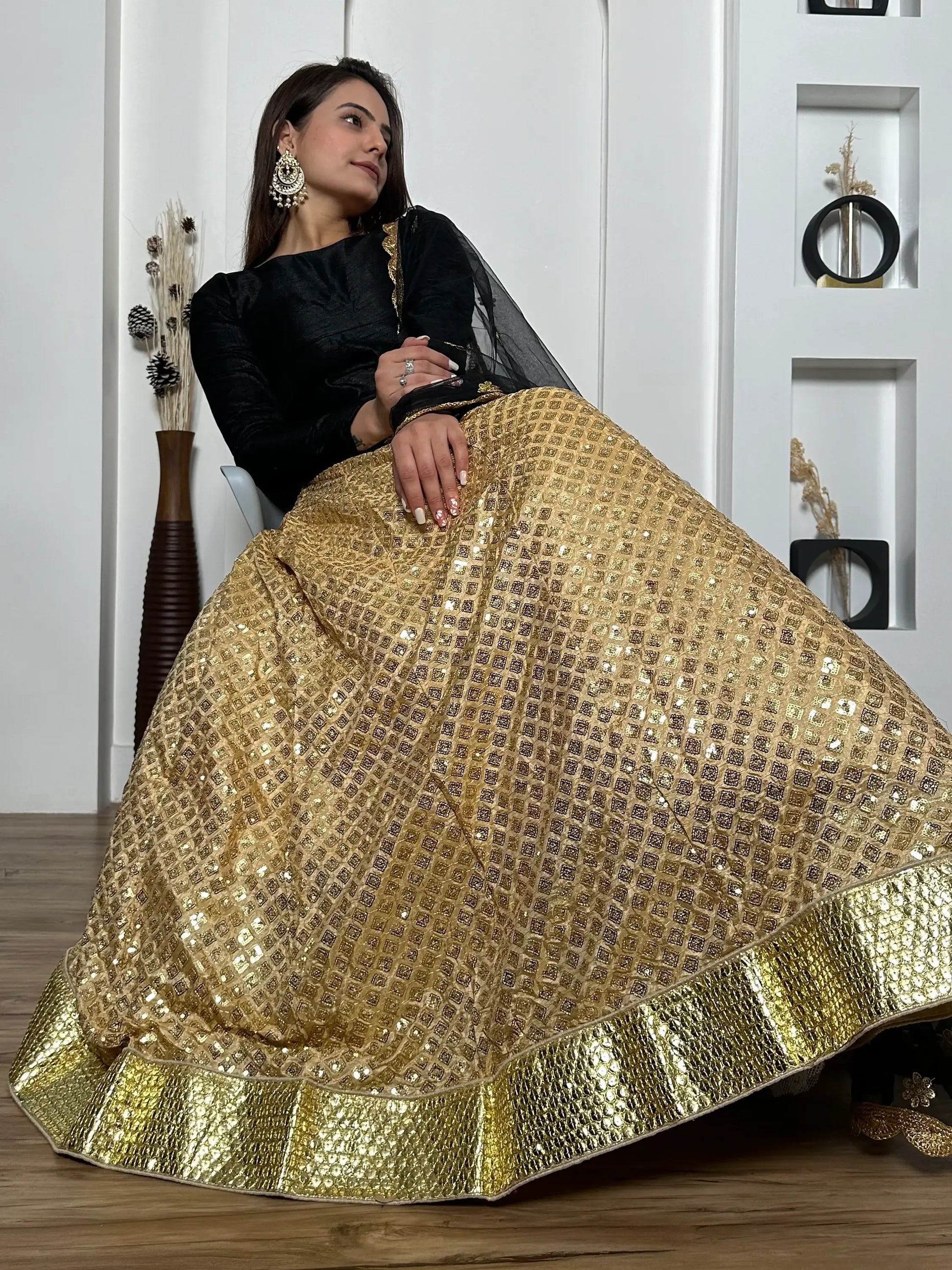 Beautiful Golden Sequins Silk Sangeet Wear Lehenga Choli With Dupatta - Zeel Clothing