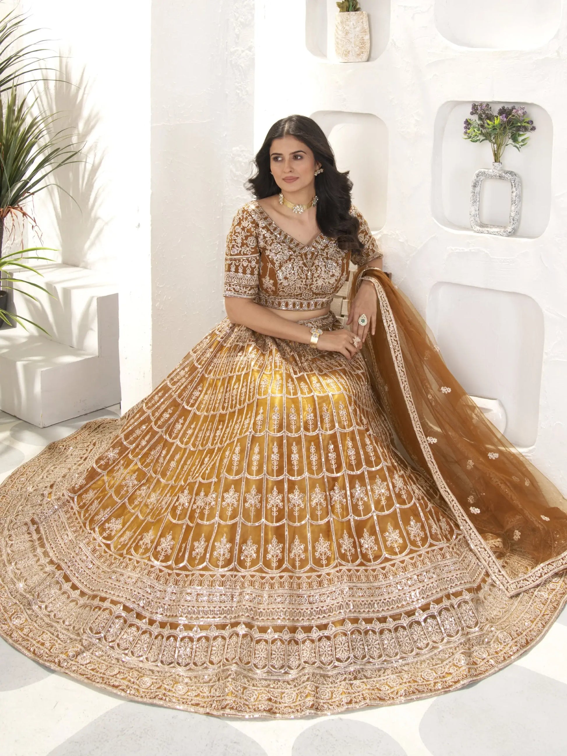 Beautiful Golden Sequins Work Net Wedding Lehenga Choli With Dupatta - Zeel Clothing