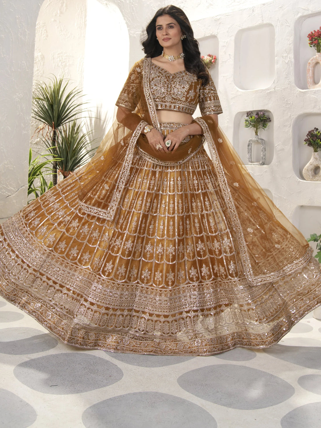 Beautiful Golden Sequins Work Net Wedding Lehenga Choli With Dupatta - Zeel Clothing
