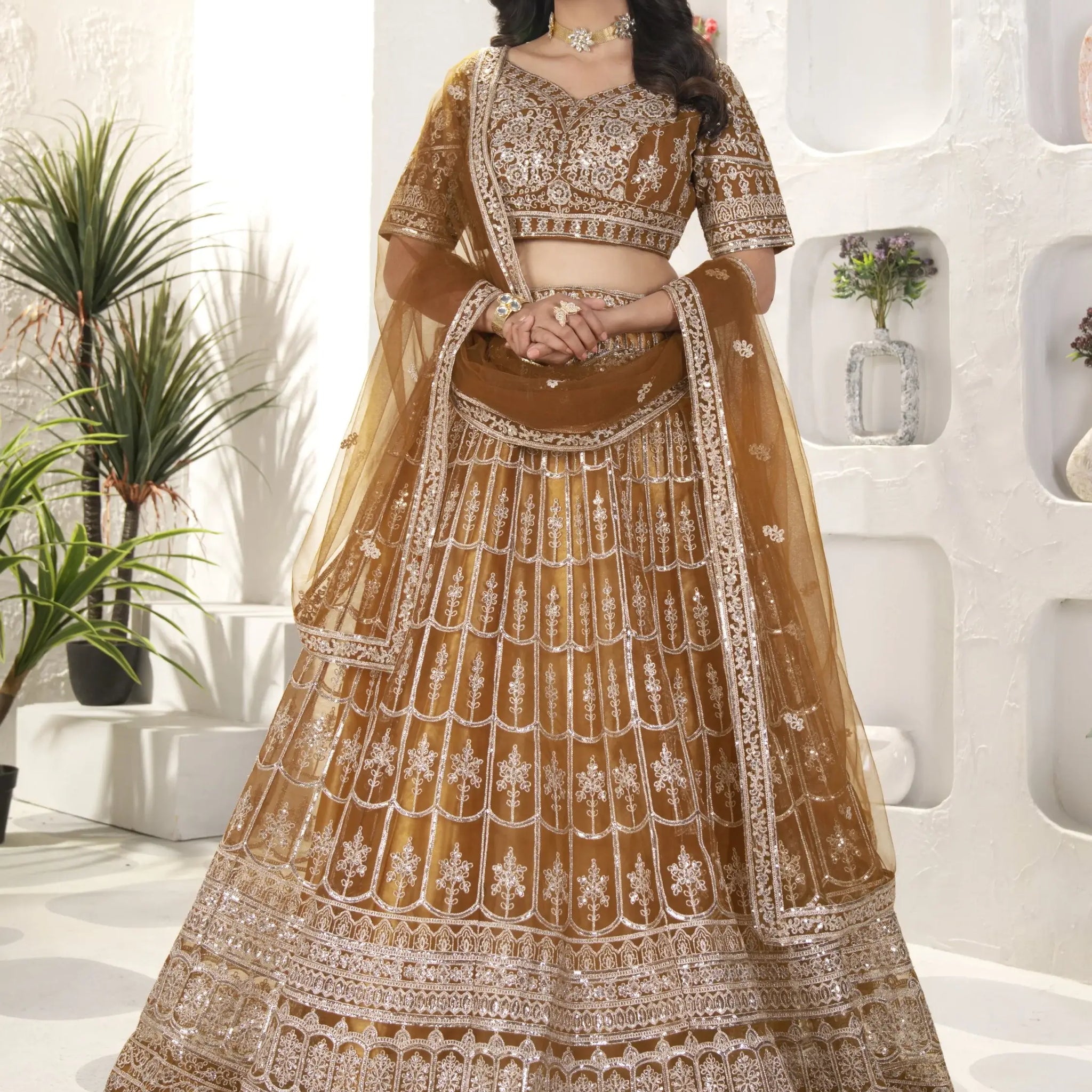 Beautiful Golden Sequins Work Net Wedding Lehenga Choli With Dupatta - Zeel Clothing