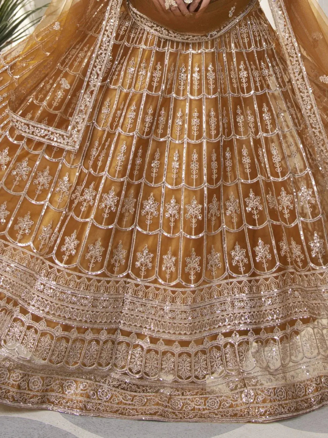 Beautiful Golden Sequins Work Net Wedding Lehenga Choli With Dupatta - Zeel Clothing