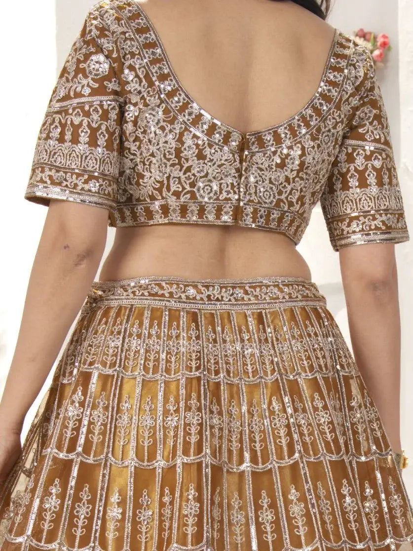 Beautiful Golden Sequins Work Net Wedding Lehenga Choli With Dupatta - Zeel Clothing