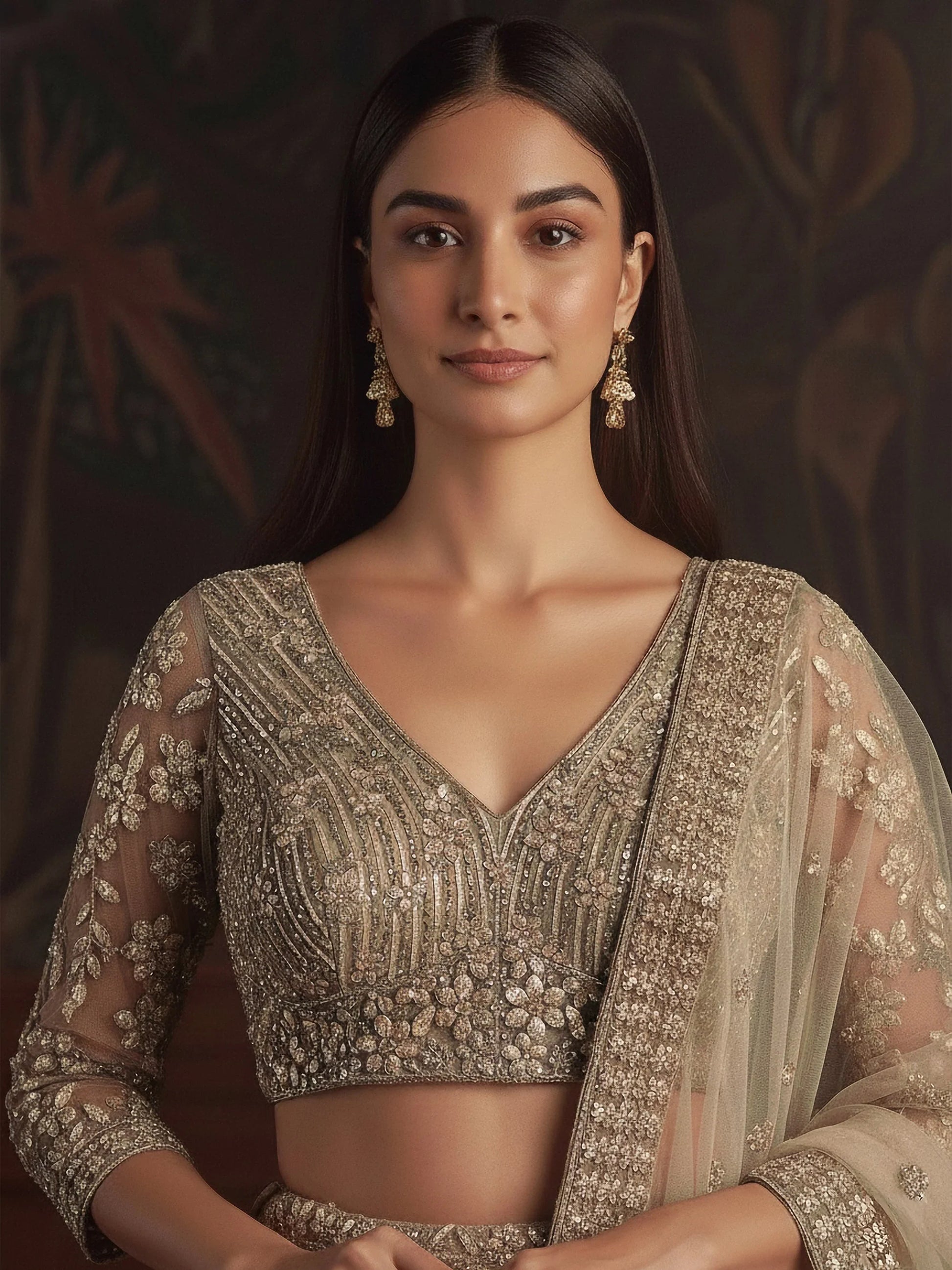 Beautiful Golden Zircon Work Net Sangeet Wear Lehenga Choli With Dupatta