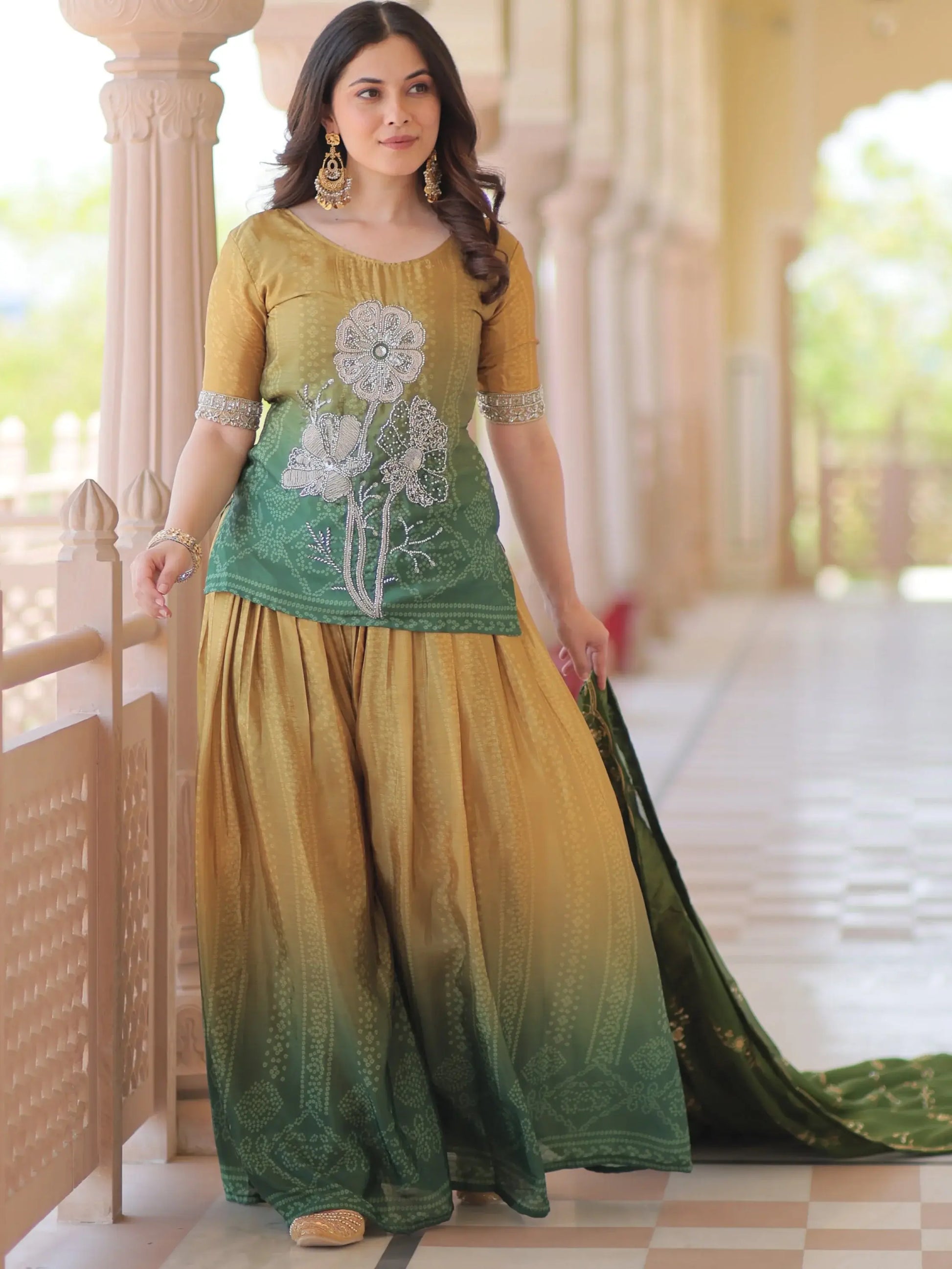 Beautiful Green Bead Embroidered Chinon Designer Palazzo Suit With Dupatta - Zeel Clothing
