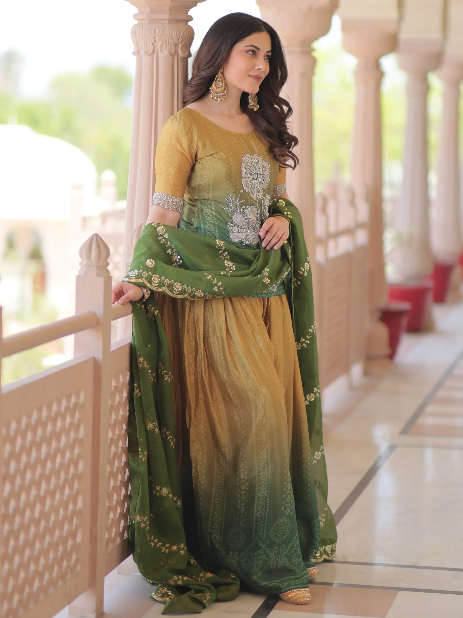 Beautiful Green Bead Embroidered Chinon Designer Palazzo Suit With Dupatta - Zeel Clothing