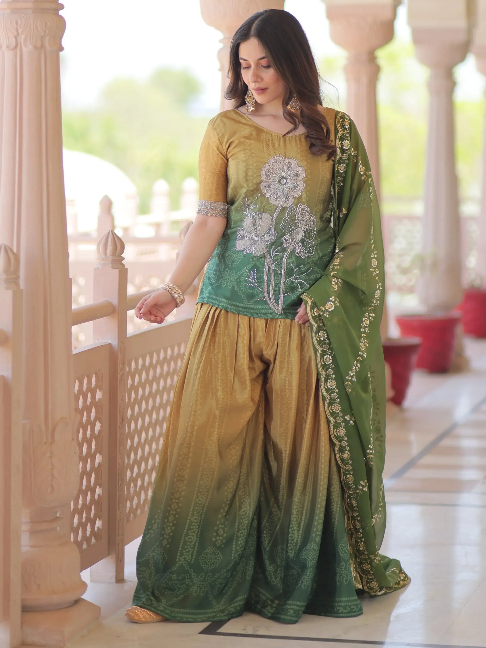 Beautiful Green Bead Embroidered Chinon Designer Palazzo Suit With Dupatta - Zeel Clothing