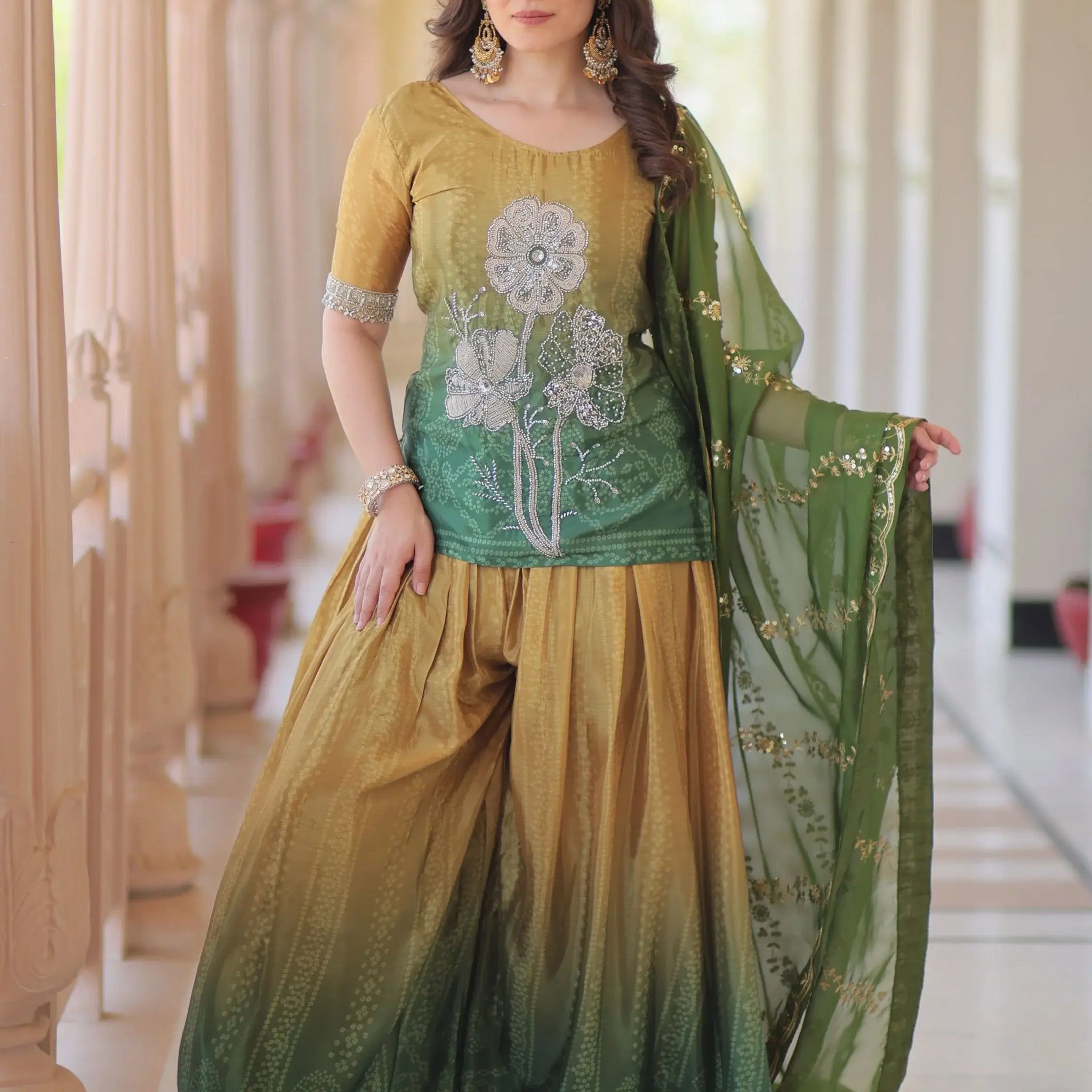 Beautiful Green Bead Embroidered Chinon Designer Palazzo Suit With Dupatta - Zeel Clothing