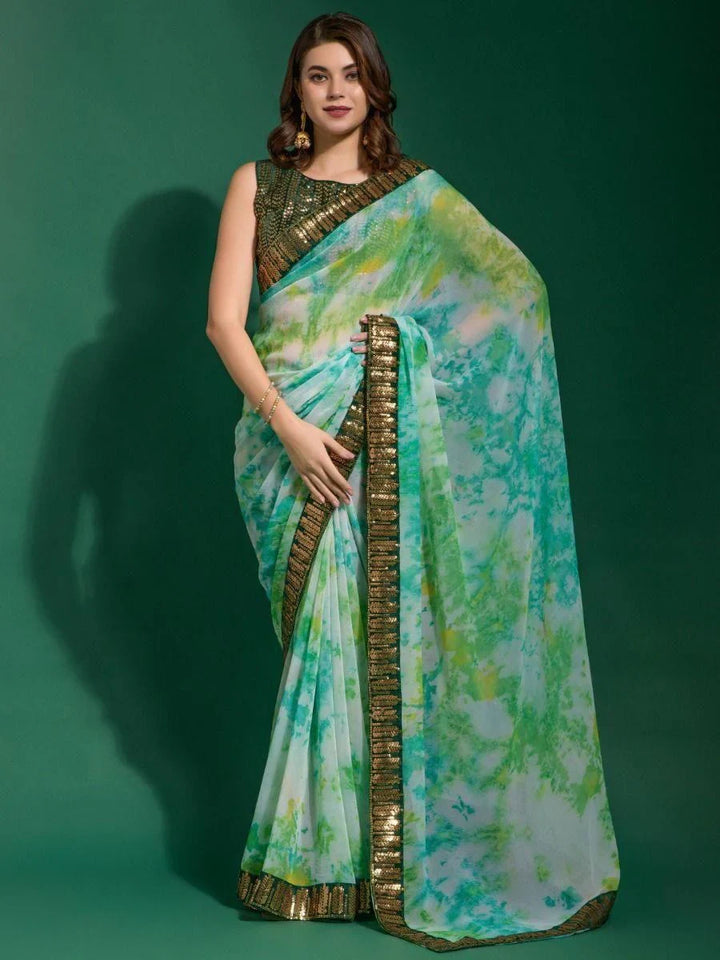 Beautiful Green Digital Printed Chiffon Wedding Wear Saree With Blouse