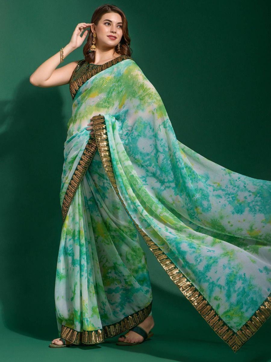 Beautiful Green Digital Printed Chiffon Wedding Wear Saree With Blouse