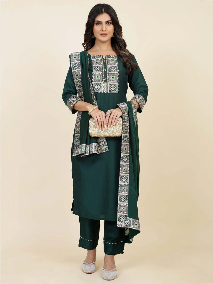 Beautiful Green Digital Printed Chinon Pant Suit With Dupatta