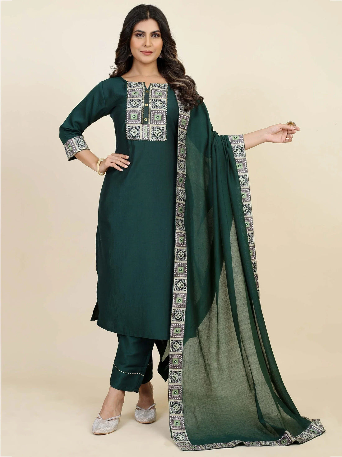 Beautiful Green Digital Printed Chinon Pant Suit With Dupatta