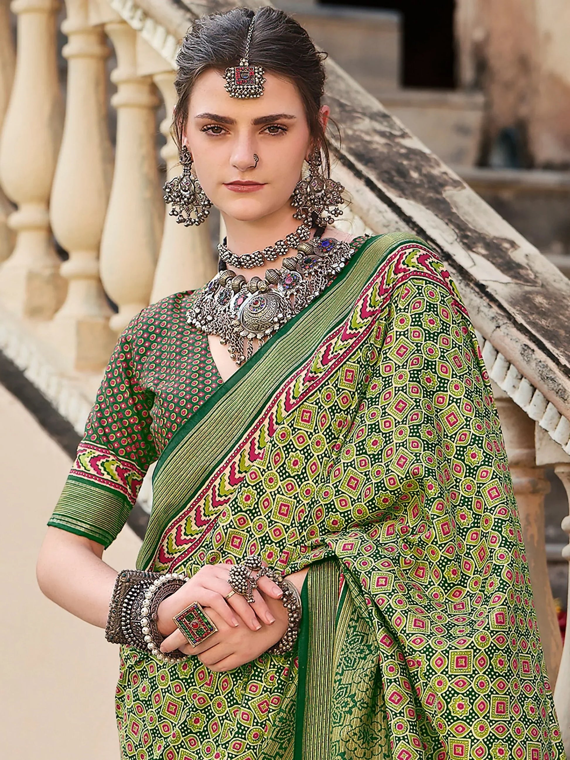 Beautiful Green Digital Printed Silk Event Wear Saree With Blouse - Zeel Clothing