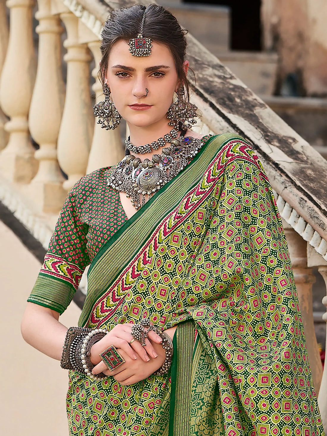 Beautiful Green Digital Printed Silk Event Wear Saree With Blouse - Zeel Clothing