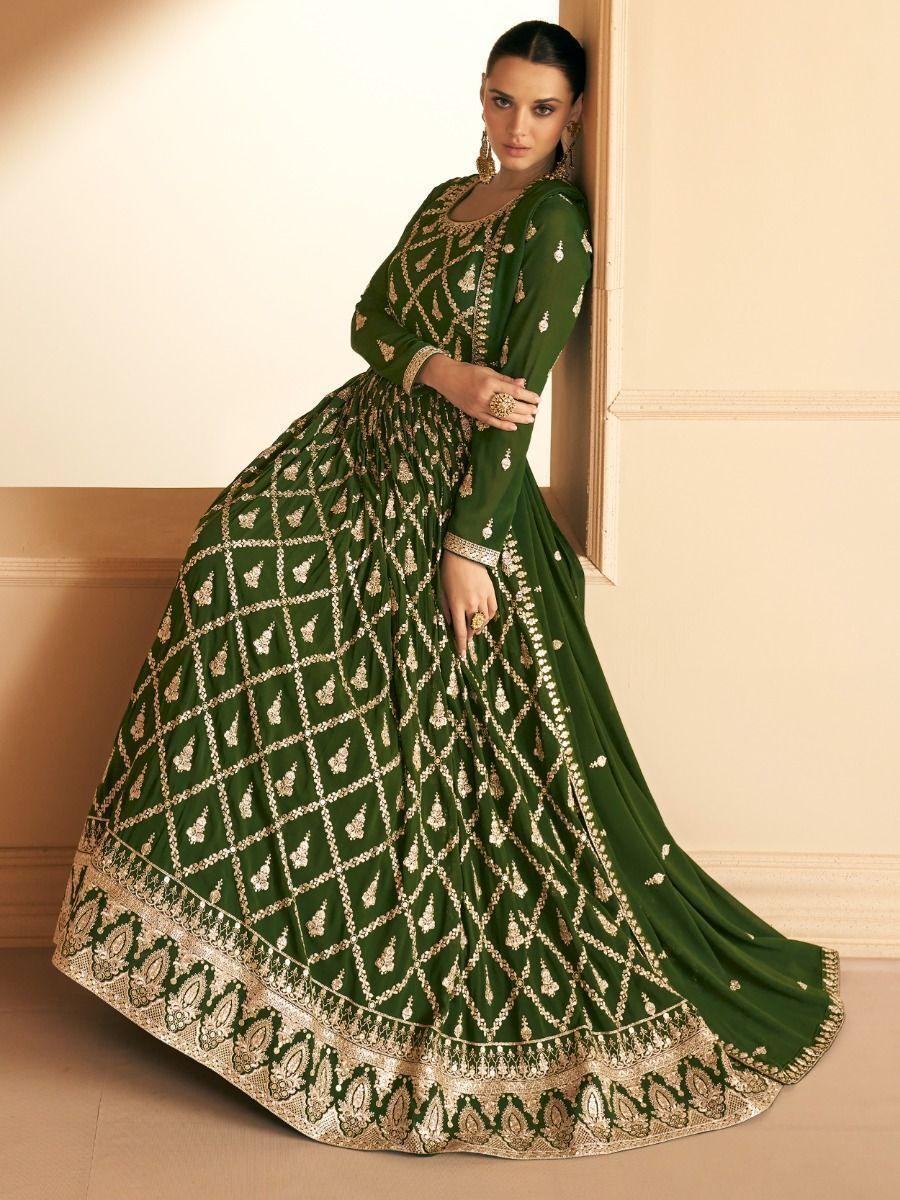 Beautiful Green Embroidered Georgette Engagement Wear Gown