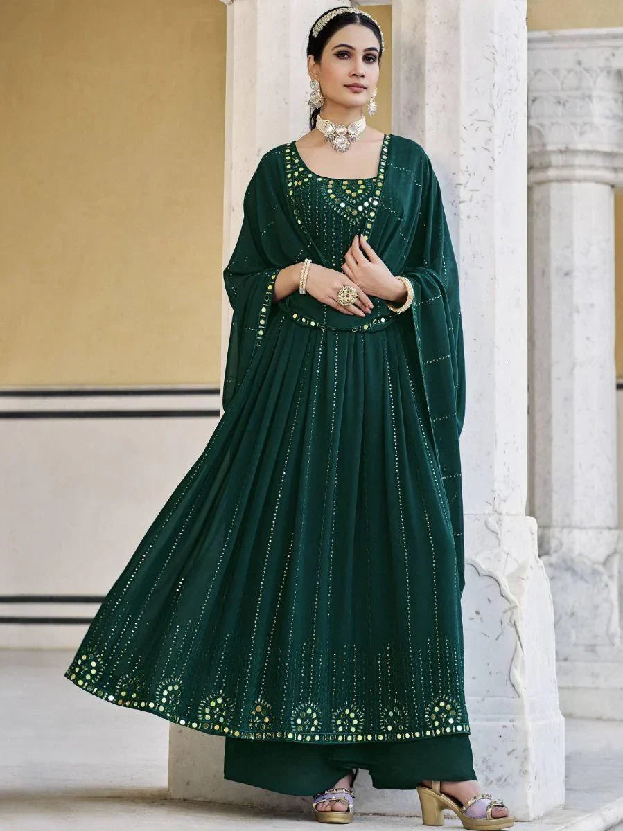 Beautiful Green Embroidered Georgette Ready-To-wear Palazzo Suit