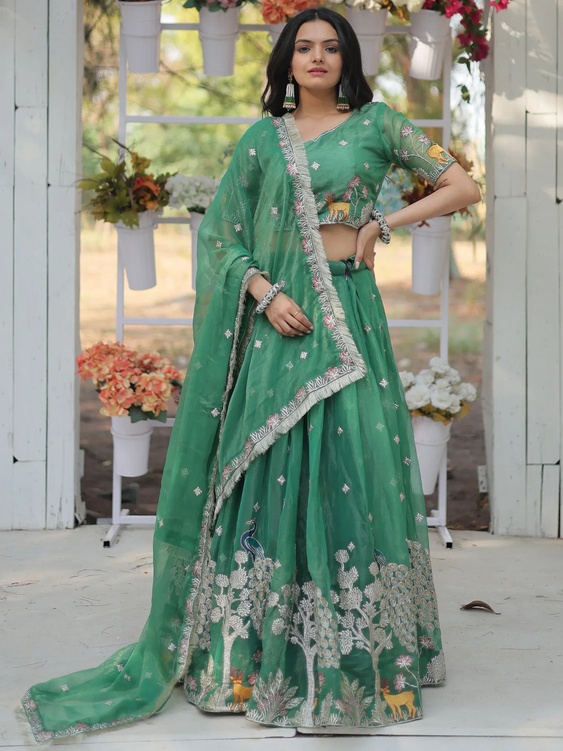 Beautiful Green Embroidered Organza Wedding Lehenga Choli - Zeel Clothing