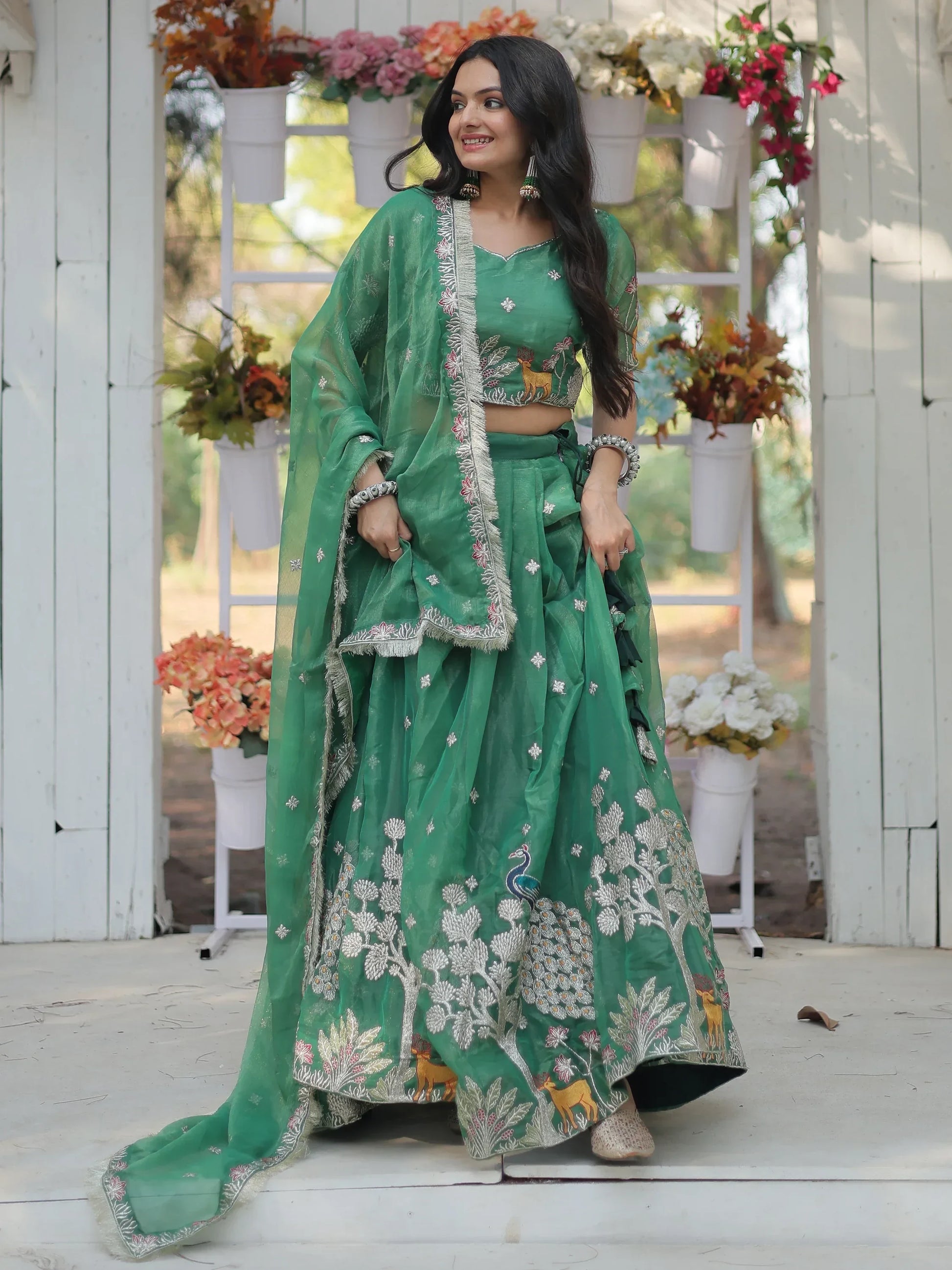Beautiful Green Embroidered Organza Wedding Lehenga Choli - Zeel Clothing