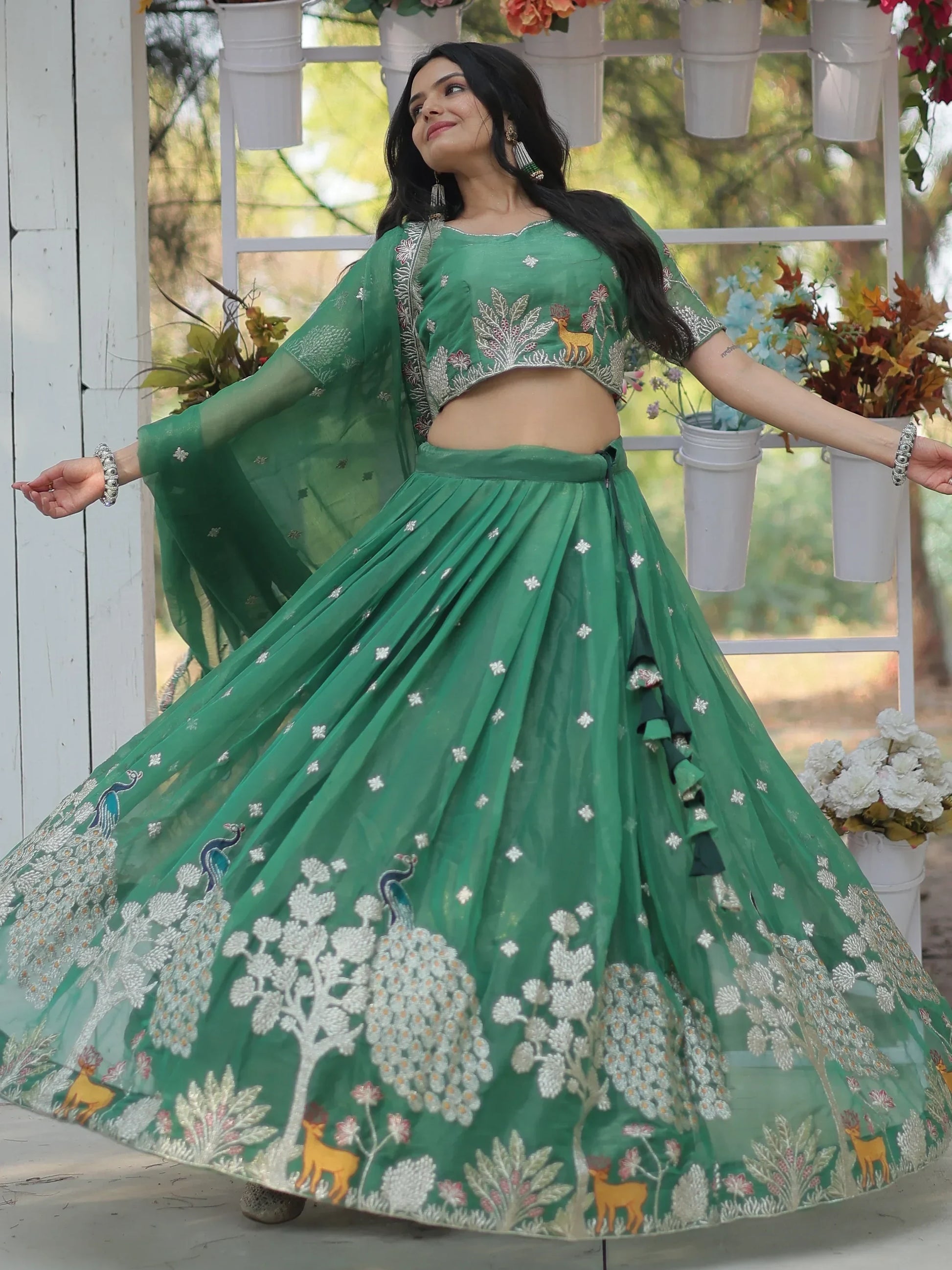 Beautiful Green Embroidered Organza Wedding Lehenga Choli - Zeel Clothing