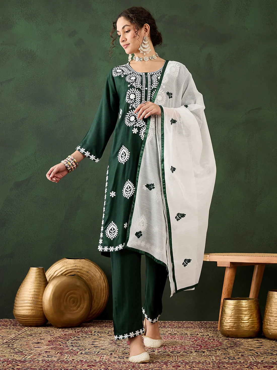 Beautiful Green Embroidered Rayon Festival Wear Pant Suit With Dupatta - Zeel Clothing