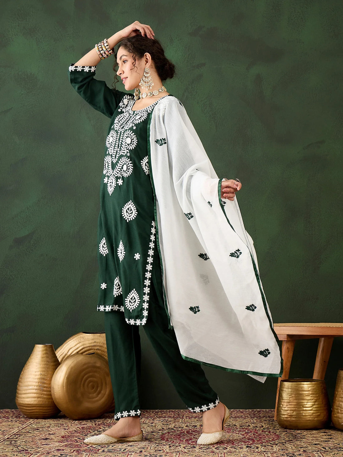 Beautiful Green Embroidered Rayon Festival Wear Pant Suit With Dupatta - Zeel Clothing