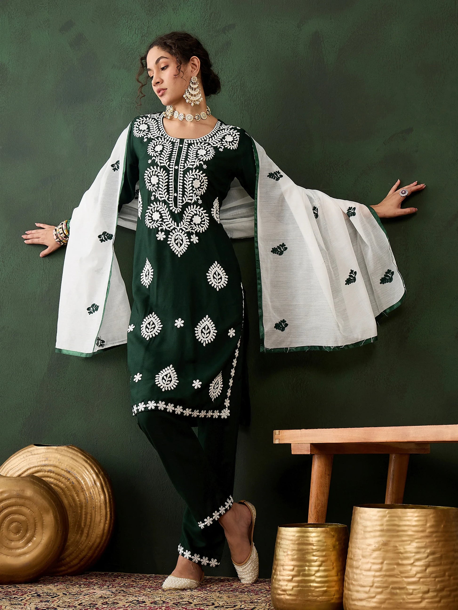 Beautiful Green Embroidered Rayon Festival Wear Pant Suit With Dupatta - Zeel Clothing