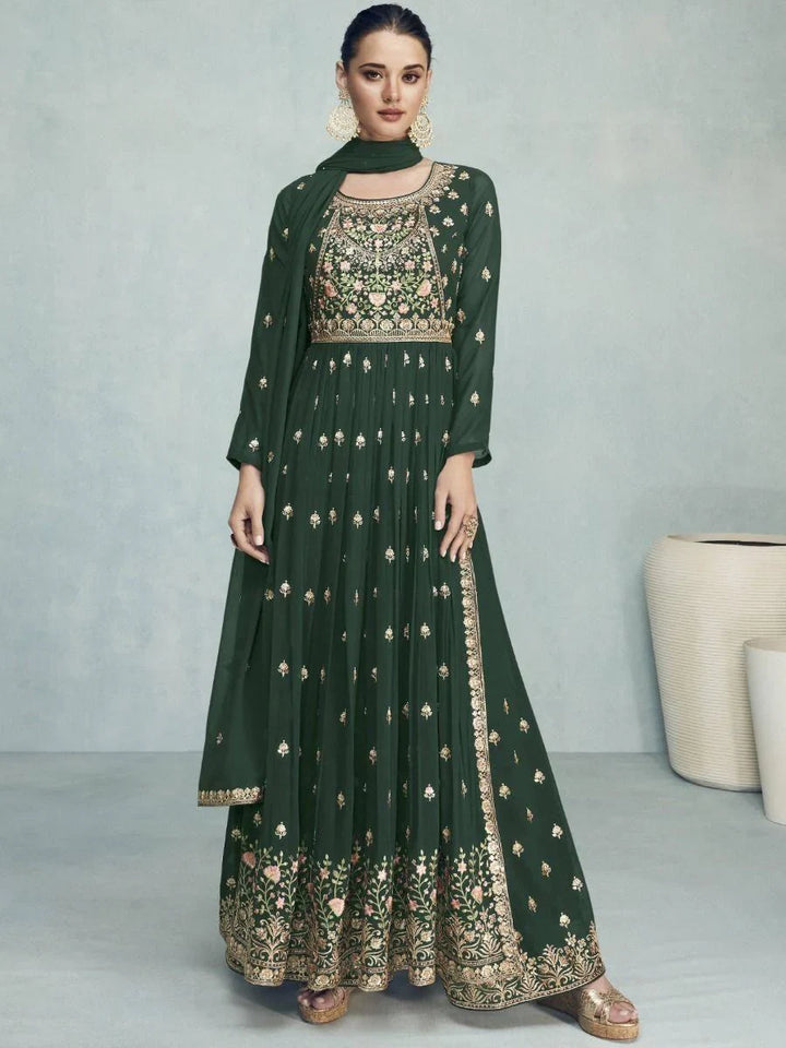 Beautiful Green Embroidery Georgette Wedding Wear Gown