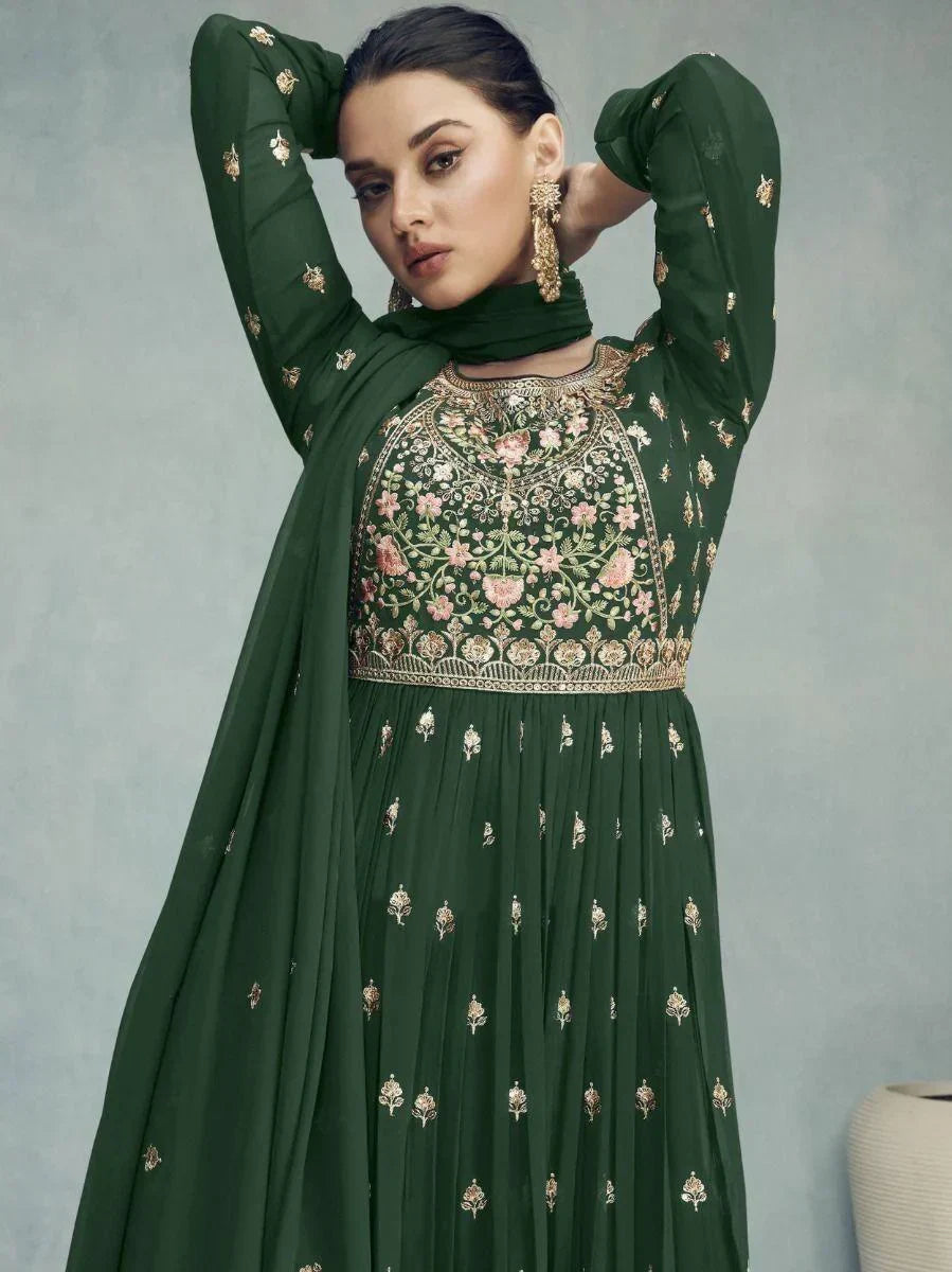 Beautiful Green Embroidery Georgette Wedding Wear Gown