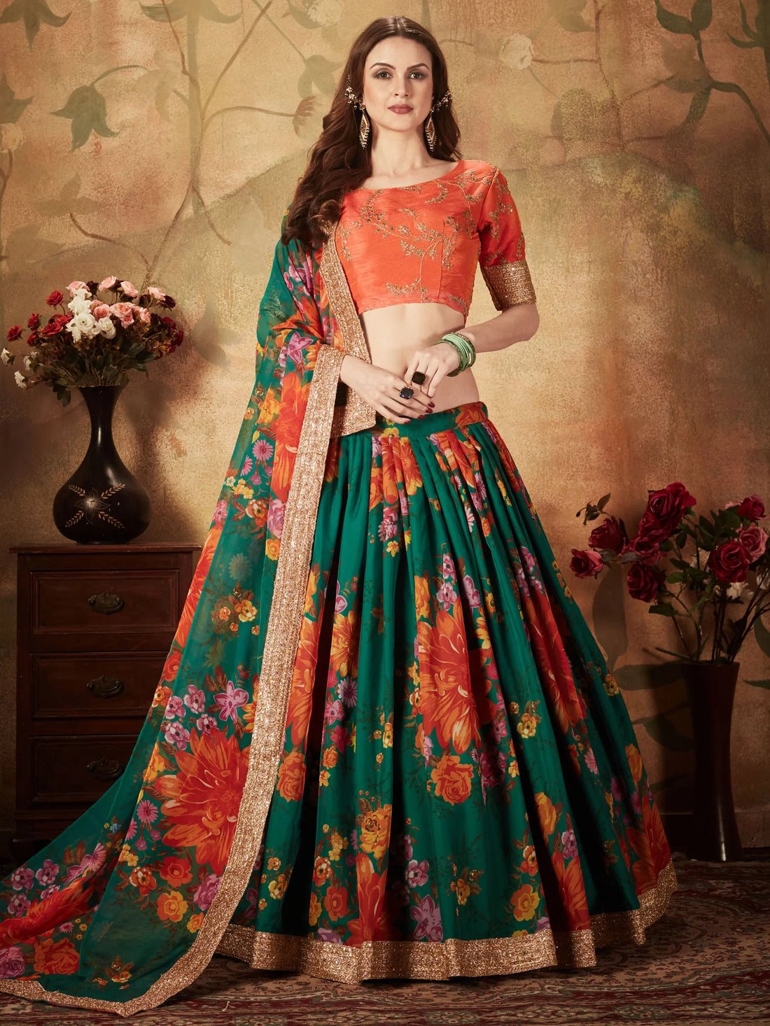Beautiful Green Floral Digital Printed Organza Lehenga Choli - Zeel Clothing