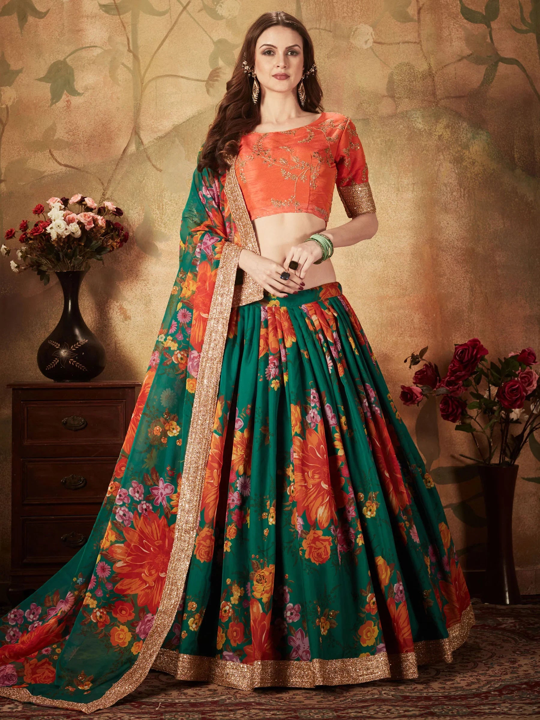 Beautiful Green Floral Digital Printed Organza Lehenga Choli - Zeel Clothing