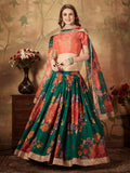 Beautiful Green Floral Digital Printed Organza Lehenga Choli - Zeel Clothing