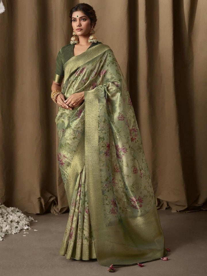 Beautiful Green Floral Print Jacquard Festive Wear Saree With Blouse