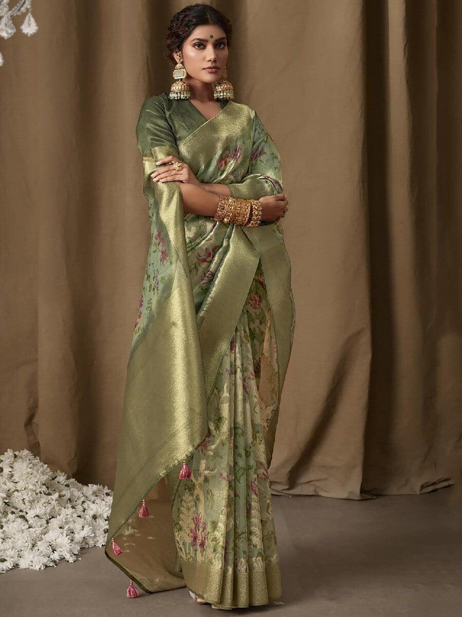 Beautiful Green Floral Print Jacquard Festive Wear Saree With Blouse