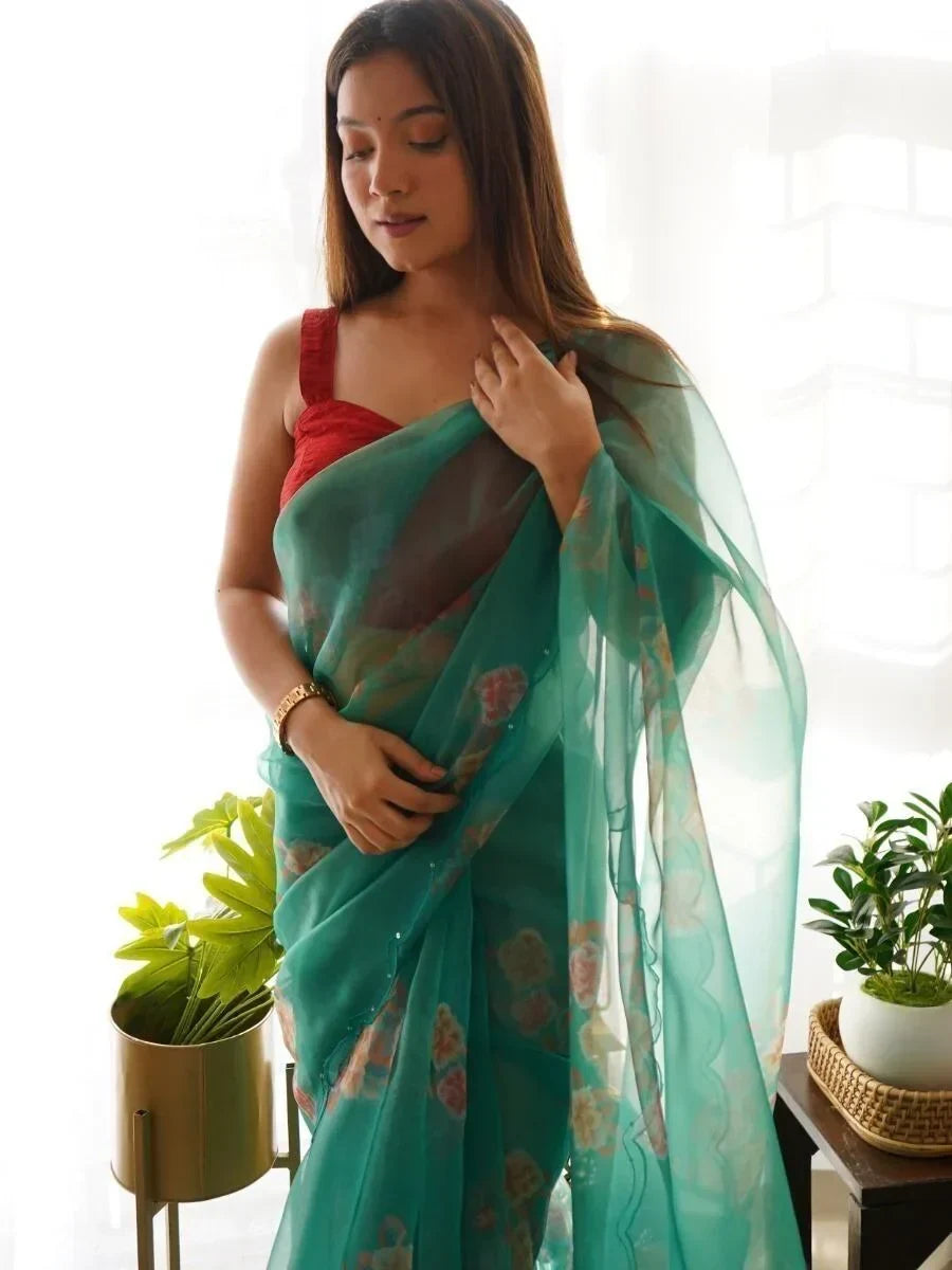 Beautiful Green Floral Printed Organza Festive Wear Saree