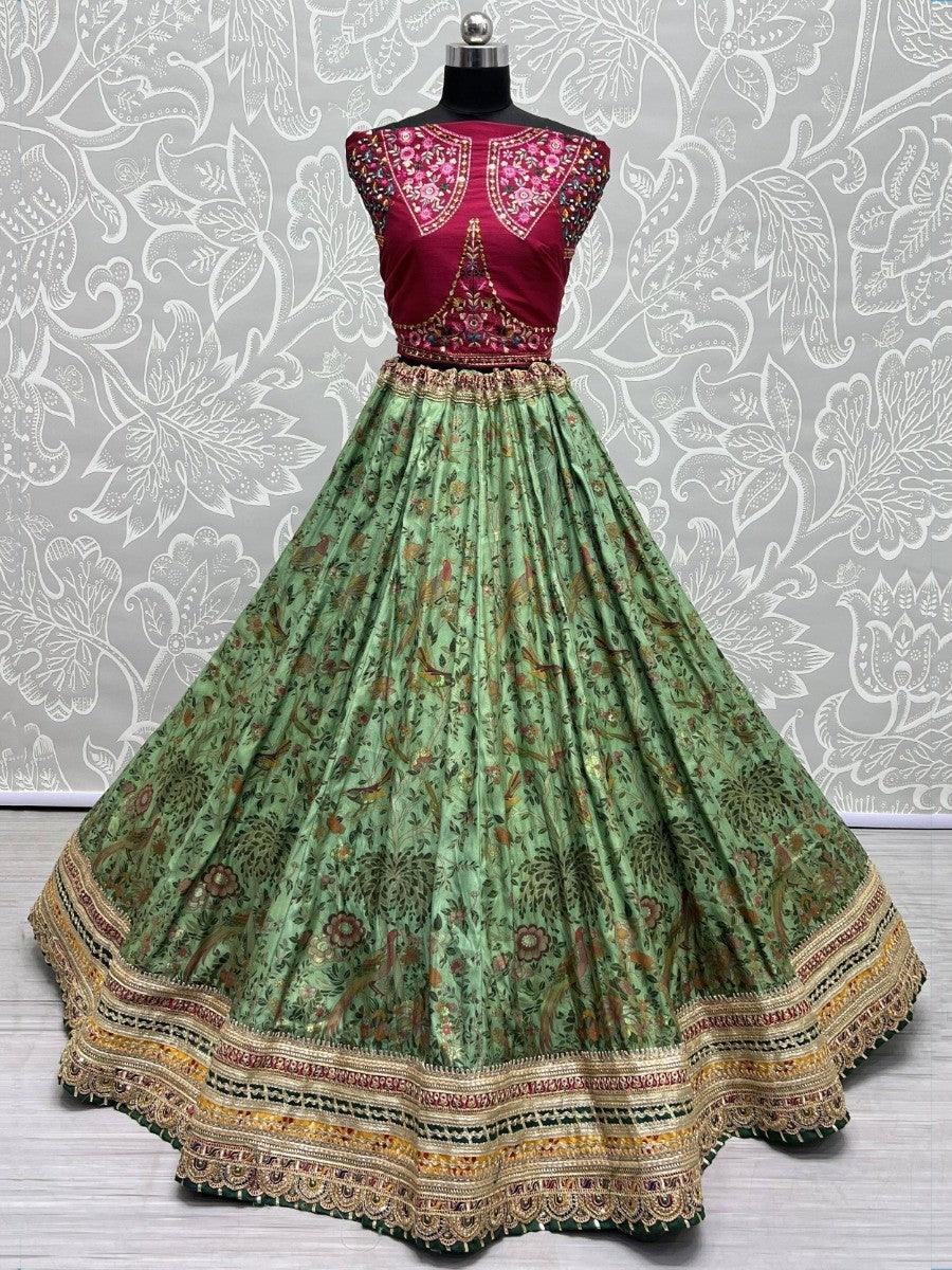 Beautiful Green Floral Printed Silk Sangeet Wear Lehenga Choli