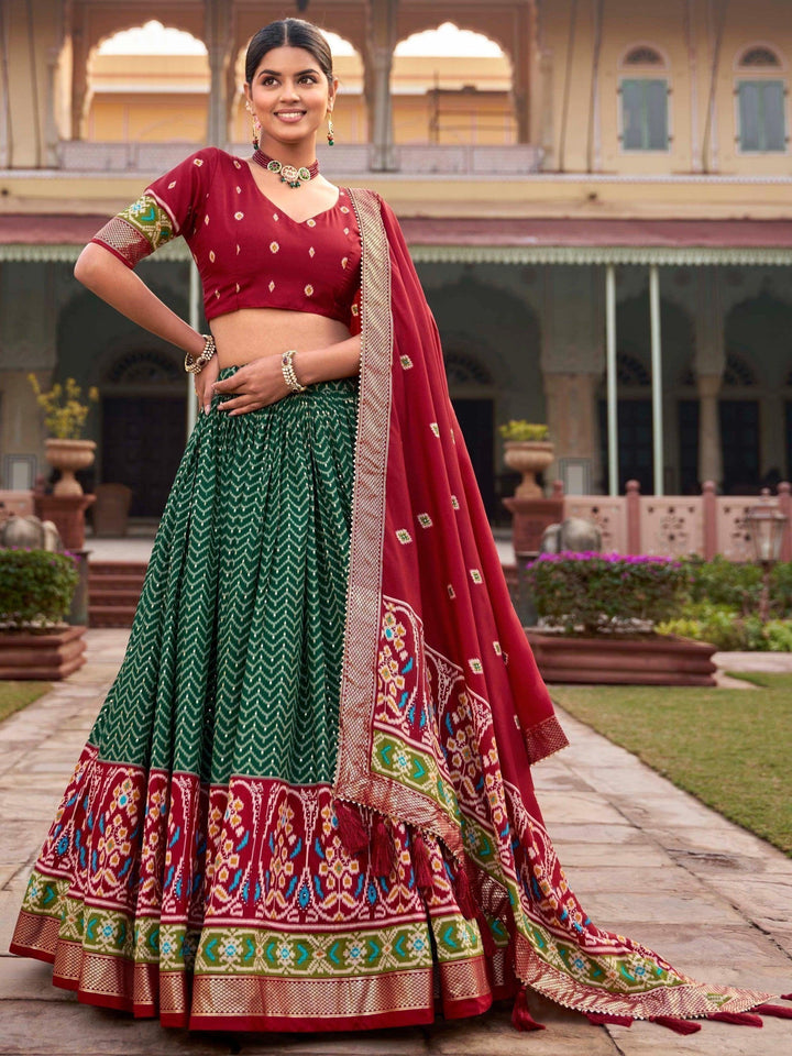 Beautiful Green Foil Printed Silk Lehenga Choli With Dupatta