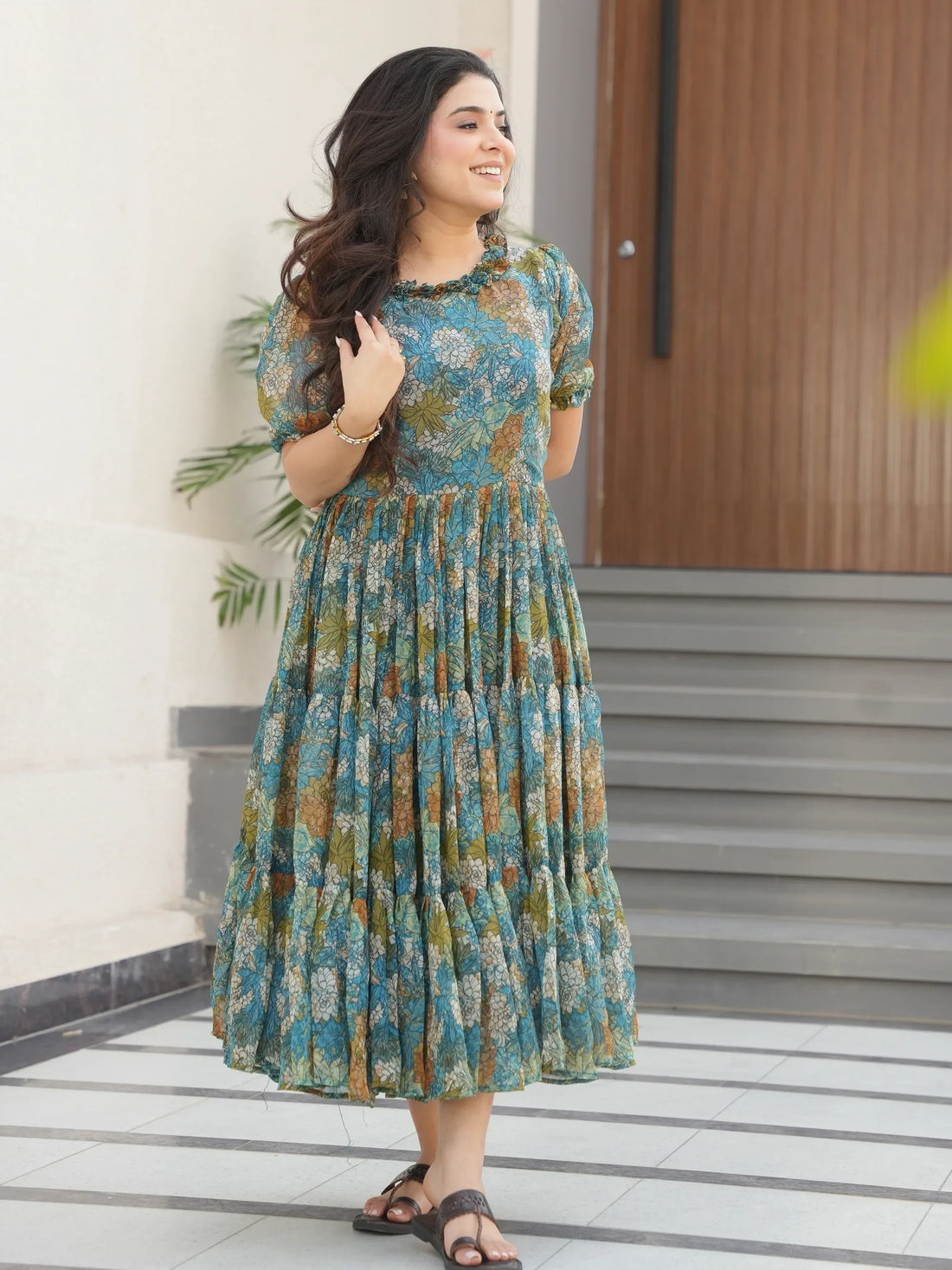 Beautiful Green Georgette Casual Wear Floral Print Dress - Zeel Clothing