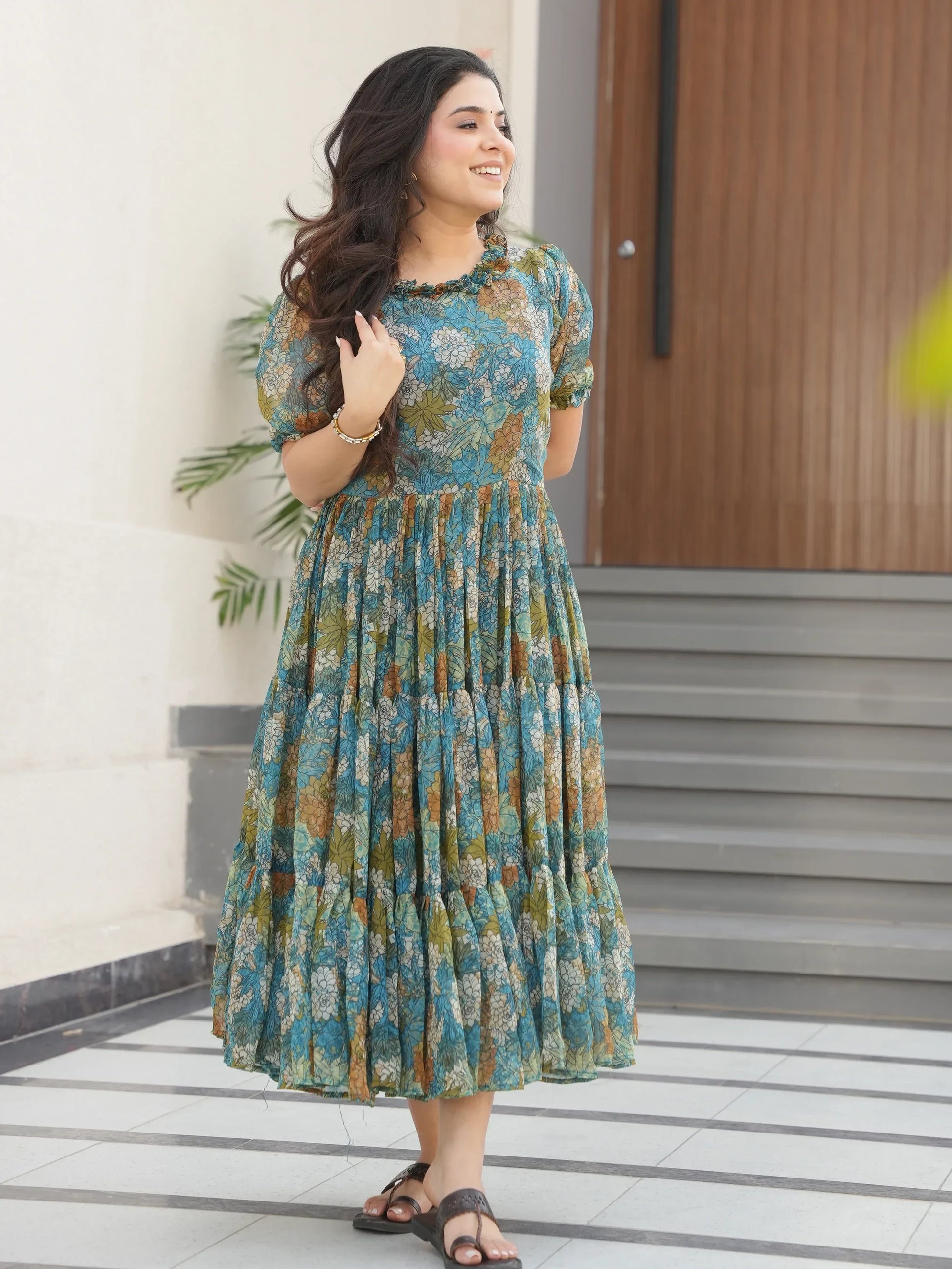 Beautiful Green Georgette Casual Wear Floral Print Dress - Zeel Clothing