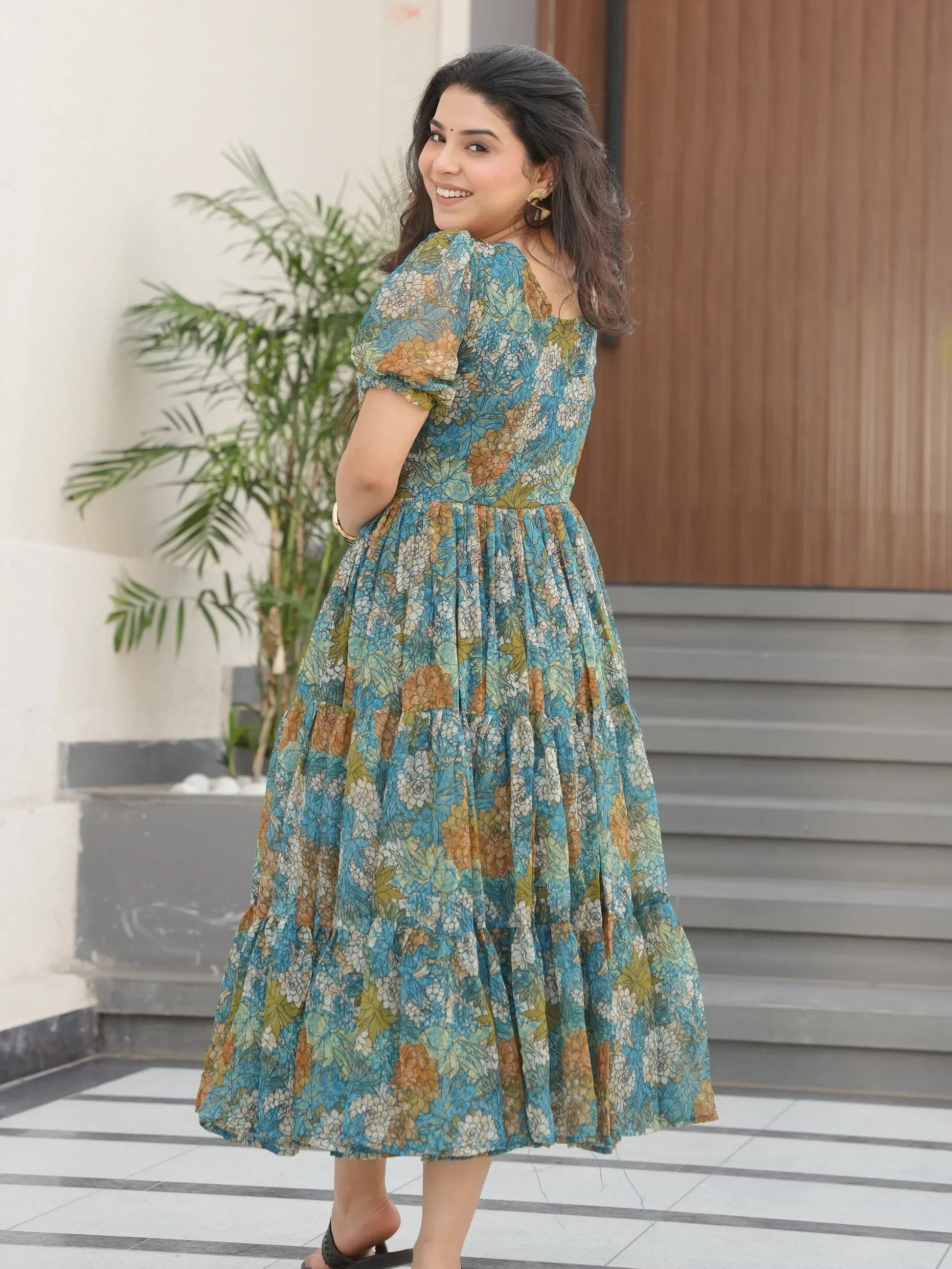 Beautiful Green Georgette Casual Wear Floral Print Dress - Zeel Clothing