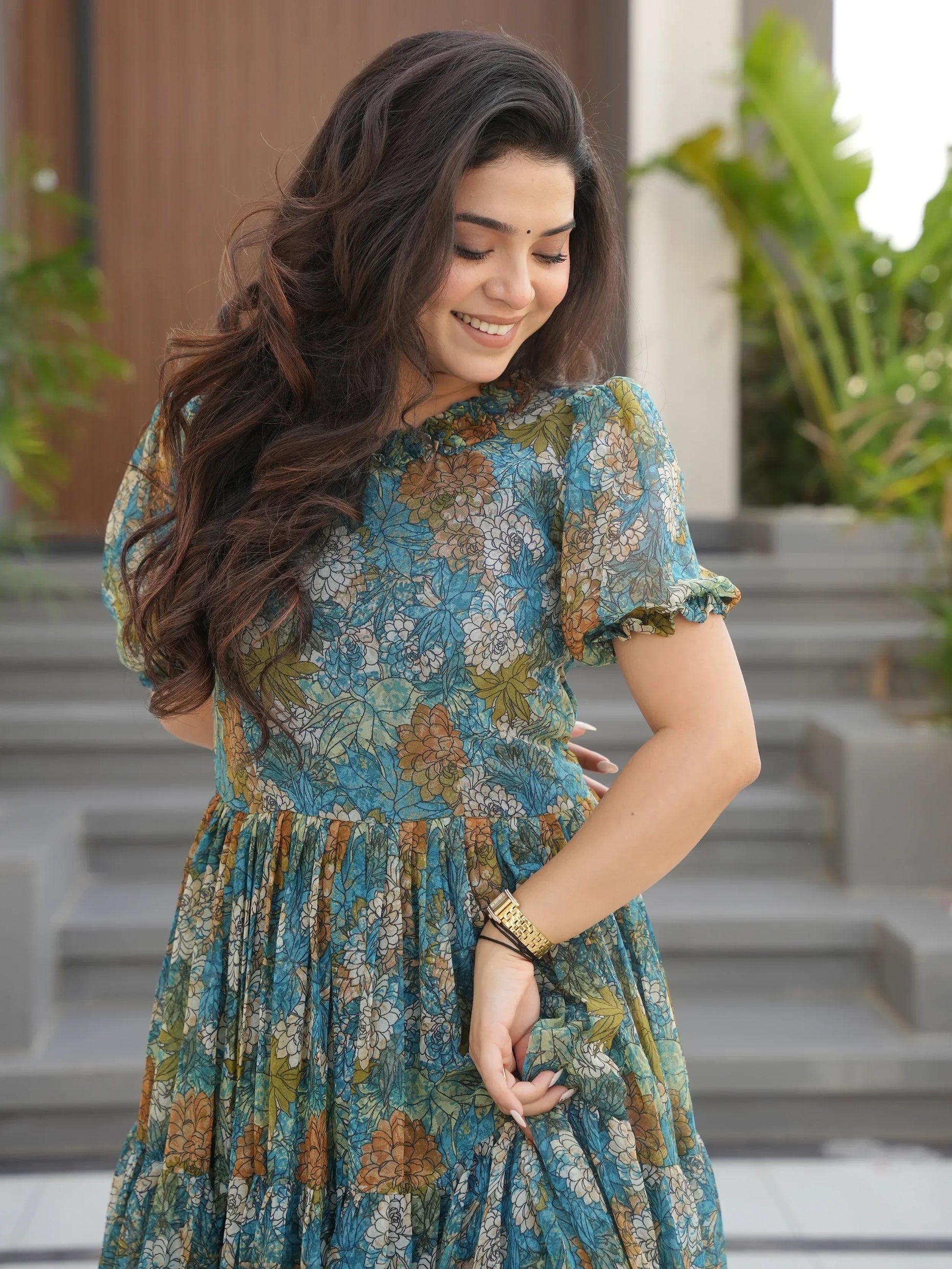 Beautiful Green Georgette Casual Wear Floral Print Dress - Zeel Clothing